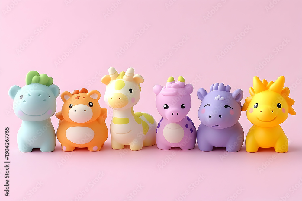 Toy animals lined up on a flat surface against a pastel pink background Toy animals lined up on a flat surface against a pastel pink background