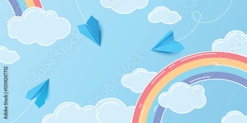 3D paper planes fly through cartoon clouds and rainbow on blue sky background. Vector illustration for travel, dream or imagination concept. Origami airplanes soar in colorful minimalistic design.