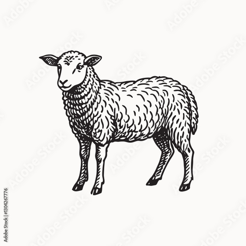 sheep on white background. Hand drawn illustration of the beautiful black and white animal. Line art drawing in vintage style. transportation. white background