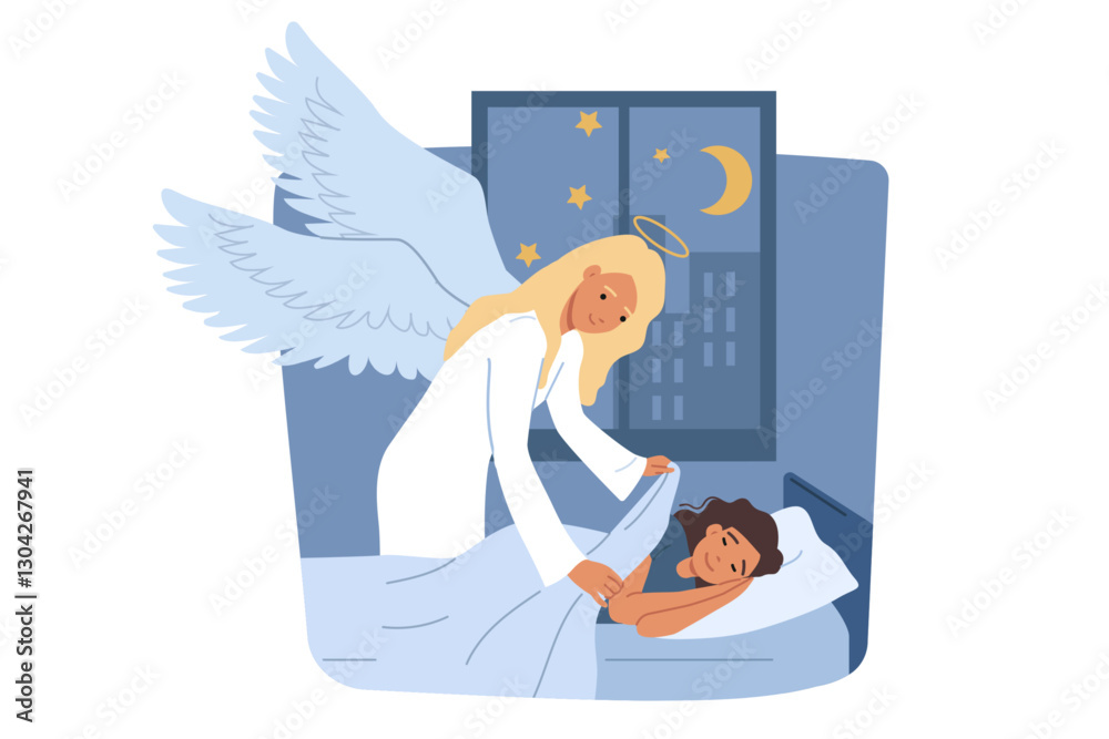 Guardian angel puts girl to bed and covers with blanket, trying to protect child from cold. Woman with wings of guardian angel behind stands near night window, protecting ward from flu