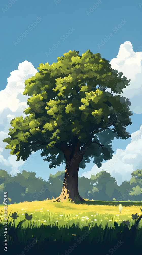 Majestic Oak Tree Standing Tall in an Open Field