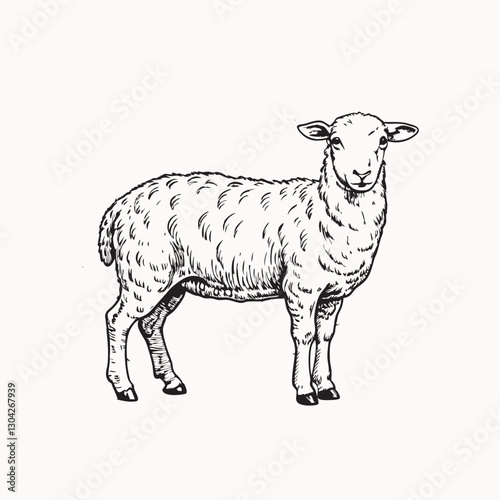 sheep on white background. Hand drawn illustration of the beautiful black and white animal. Line art drawing in vintage style. transportation. white background