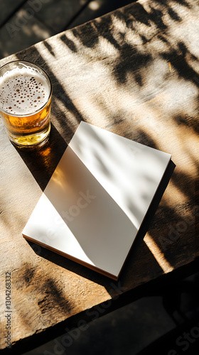 Obraz na płótnie Horizontal A4 Brochure with Beer Glass – Top-Down View w salonie