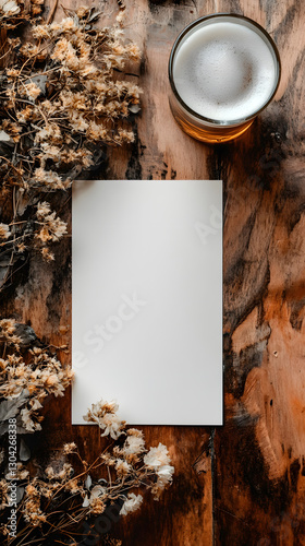 Obraz na płótnie Horizontal A4 Brochure with Beer Glass – Top-Down View w salonie