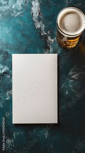 Obraz na płótnie Horizontal A4 Brochure with Beer Glass – Top-Down View w salonie