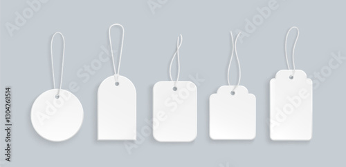 Gift tag collection with white string of different shapes - round and rectangular, rounded corner, scalloped edge models. Empty price labels for shop merchandise. Blank 3d template mockup set.