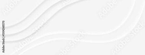 Neumorphism background with soft white curved lines on light grey surface. Minimal wave pattern with subtle shadows. Clean geometric curved emboss relief texture. Elegant monochromatic banner design.