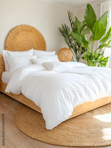 White bedding on a light-wood bed in a bright bedroom