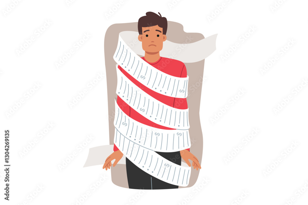 Large bills worry man wrapped in long check, suffering due to inflation and rising food prices. Inflation and demands for payment for positions cause depression in guy with sad face.