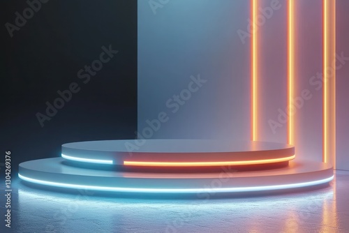 Neon edges and a minimalist design on a 3D podium, tech branding ready.