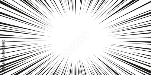 Comic speed lines radiating from central space on white background. Black dynamic straight strokes extend outward for manga effect. Classic action burst pattern for motion emphasis or explosive moment