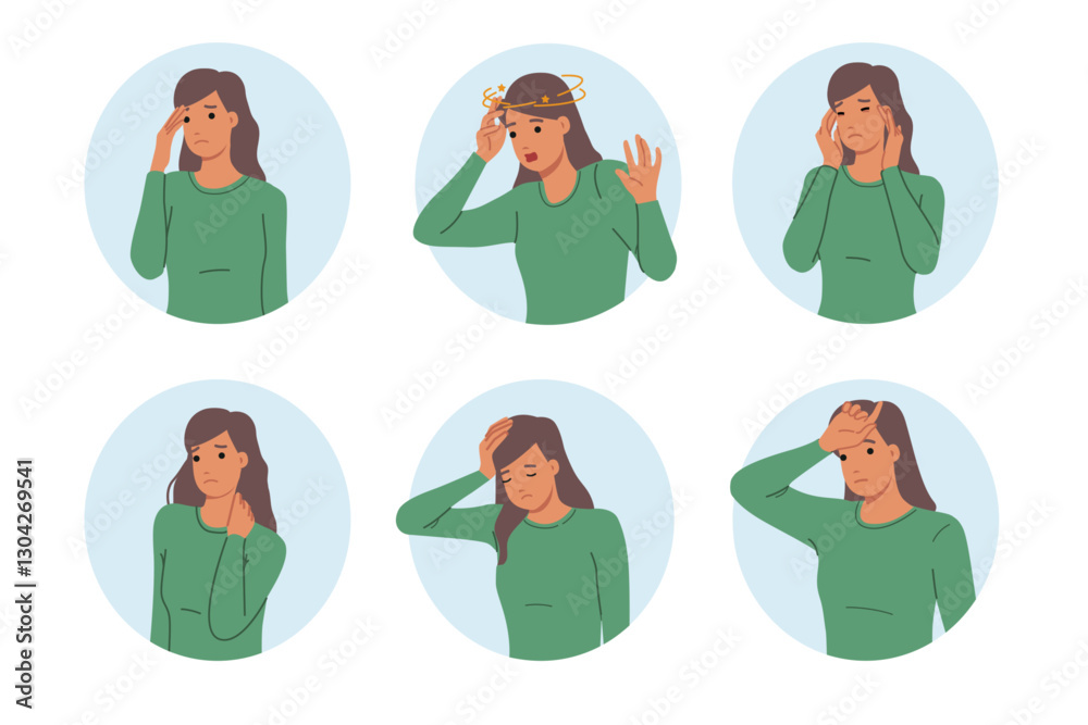 Tired woman feels dizzy or has headaches and migraines due to regular overexertion and lack of rest. Signs of health problems in tired girl who needs butt in comprehensive medical study