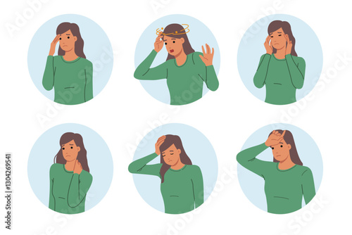 Obraz na płótnie Tired woman feels dizzy or has headaches and migraines due to regular overexertion and lack of rest. Signs of health problems in tired girl who needs butt in comprehensive medical study w salonie