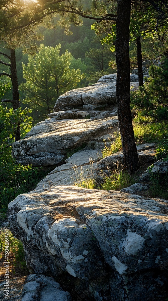 Sunrise rocks, forest path, Ozark landscape, nature travel Sunrise rocks, forest path, Ozark landscape, nature travel