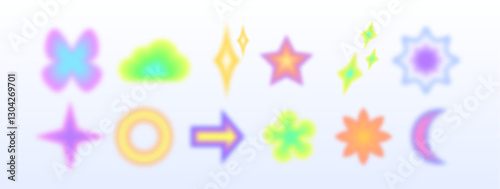 Colorful y2k shape collection with blurred neon aesthetic. Vibrant gradient symbols - stars and flowers, arrows and diamonds, crescents on light background. Dreamy fuzzy icons for nostalgic design.