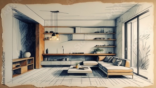Sketch interior shows modern living room with sofa and kitchen in background. Design is on ripped paper with visible pencil lines and some digital shading.