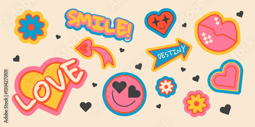Colorful retro sticker set with fun cartoon designs - vintage heart shapes, smiling emoticons, flower patterns, destiny arrow, love word and smile text with borders. Small scattered black icons.