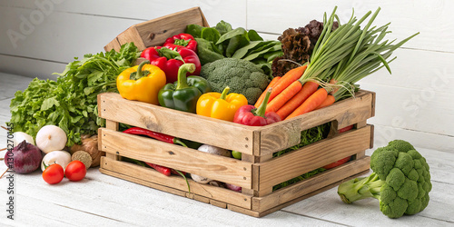 Fresh vegetables, wooden crate, colorful produce, farmers market, vibrant colors, healthy eating, organic food, rustic setting, assorted peppers, leafy greens, carrots, tomatoes, radishes, food photo