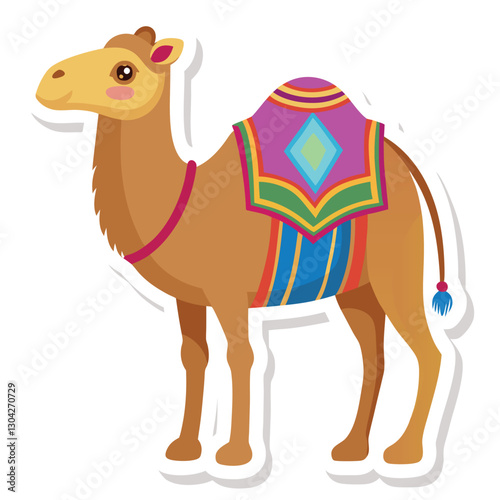 Arabian camel, desert domestic bedoin animal decorated with textile saddle. Arabic mammal profile, standing with traditional fabric decor on hump. Flat vector illustration isolated on white background