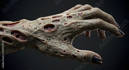 A close-up, detailed image of a hand ravaged by a grotesque disease. photo