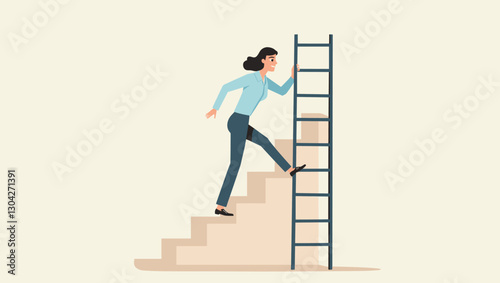 Businesswoman stepping up and down a ladder, symbolizing progress and setbacks in her career journey.