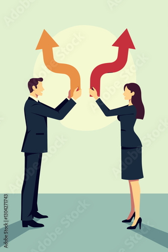 Divergent business strategies, contrasting decisions, concept of team conflict, businessman and businesswoman holding opposing arrows in corporate environment