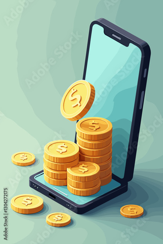 Generating Online Income: Coins Flowing from Smartphone Screen