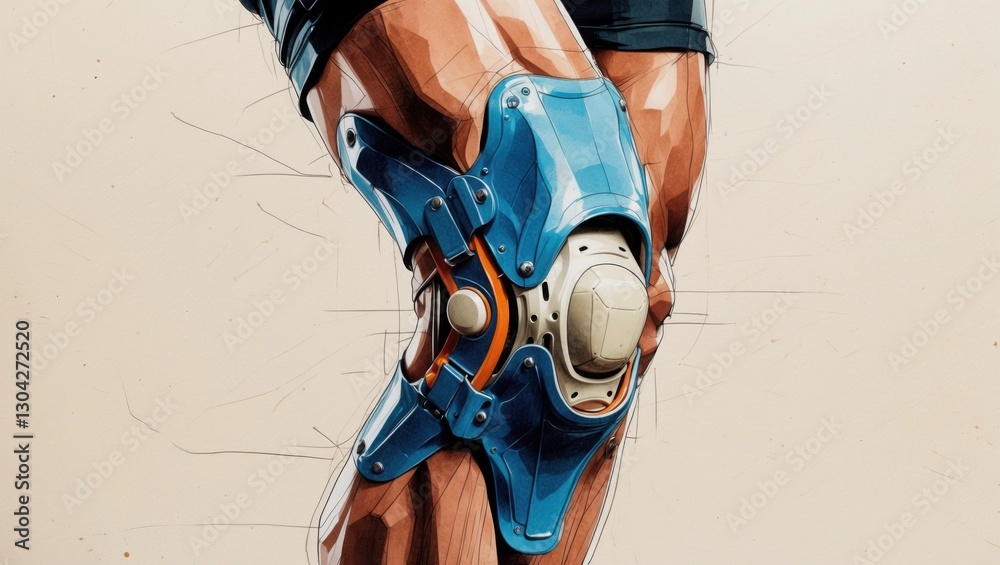 Naklejka premium Human leg with blue robotic knee brace. Sketch style illustration shows orange, white and dark blue colors on beige background.