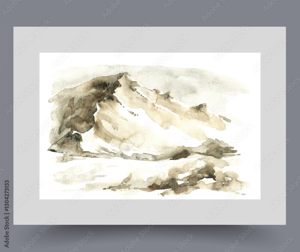 Landscape with high mountain with steep slopes under cloudy sky, in minimalist painting. Creative work with nature and mountain for interior design of home for extreme climber to top of rock