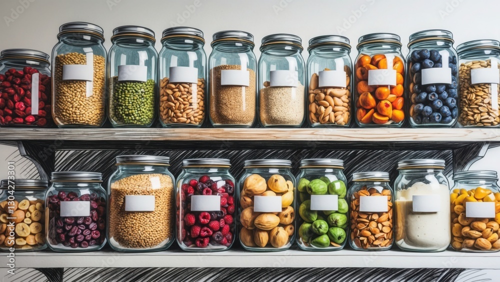 Sketch style image shows rows of glass jars filled with food. Jars contain beans, berries, nuts, fruits, and cream on shelf with blank labels. Sketch style image shows rows of glass jars filled with food. Jars contain beans, berries, nuts, fruits, and cream on shelf with blank labels.