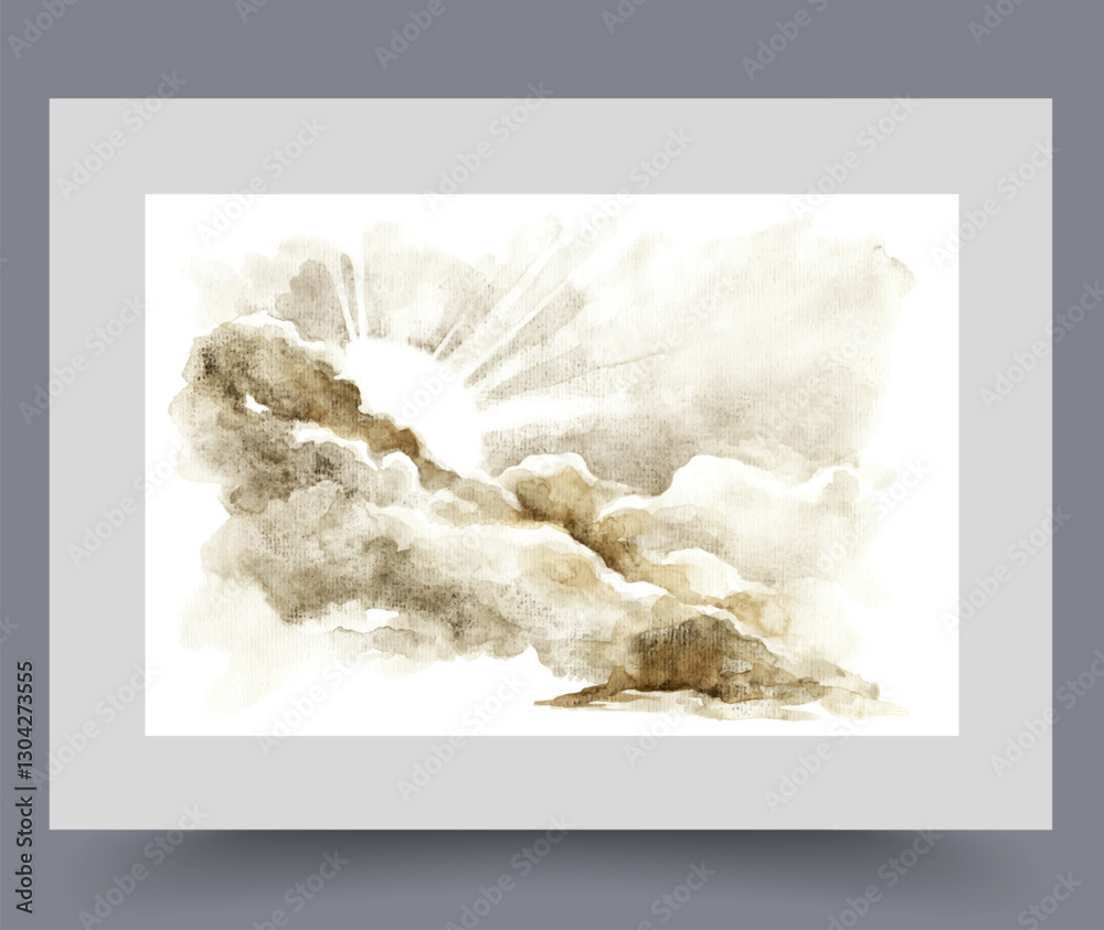 Sun emerges from behind clouds on warm summer morning to illuminate earth with its rays. Artwork with sun in cloudy sky to illustrate news with weather forecasts or articles about climate change