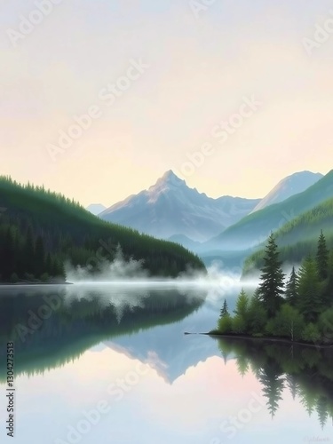 A peaceful scene of mountains and a lake enveloped in soft morning mist, creating a dreamlike atmosphere.