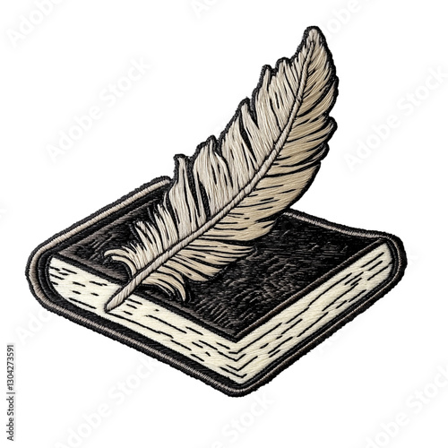 Book and quill embroidery patch logo, antique style, literary theme on the PNG Background. –