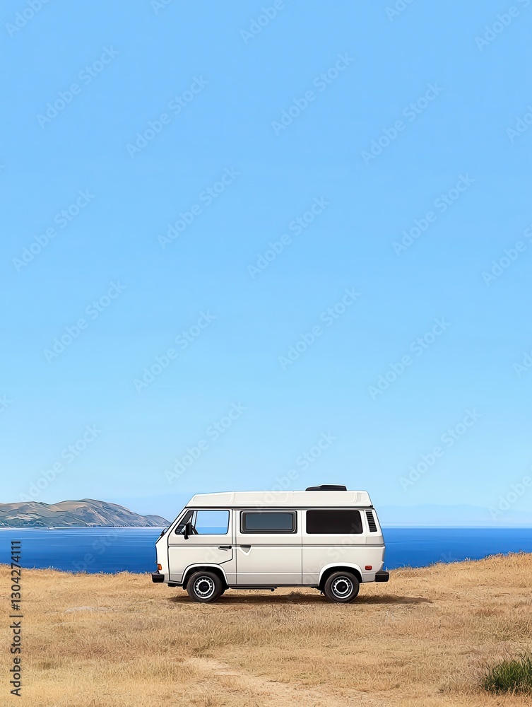 Fototapeta premium Exploring adventure travel in a classic camper van by the seaside scenic viewpoint in nature