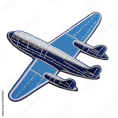 Classic airplane embroidery patch logo, blue and silver, aviation-inspired on the PNG Background. –