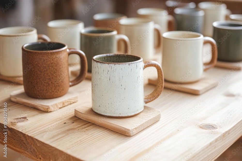 Handmade ceramic mugs arranged elegantly on a rustic wooden table illuminated by warm sunlight Handmade ceramic mugs arranged elegantly on a rustic wooden table illuminated by warm sunlight