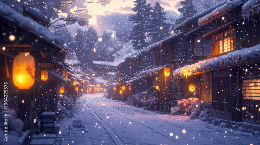 Obraz premium Snowy Japanese Village Winter Night Scene - Winter Wonderland