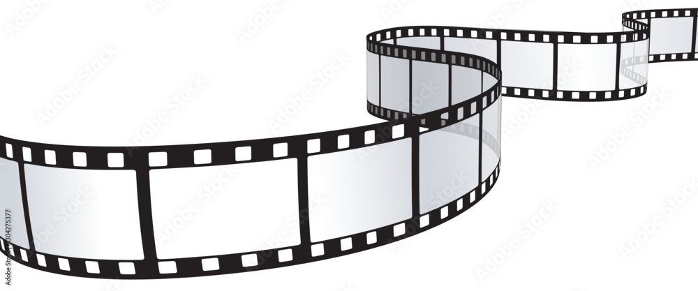 Fototapeta premium Wavy Film Strip Frame Isolated on White Background, Blank Curled Movie Reel Border for Video Editing, Retro Cinematic Design Element for Film Industry, Photography, and Multimedia