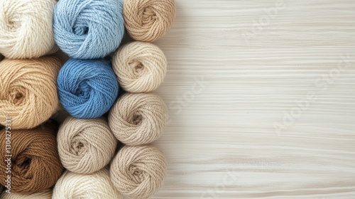 Pastel colored yarn balls resting on weathered white wooden surface, highlighting soft crafting palette with generous negative space for creative design elements