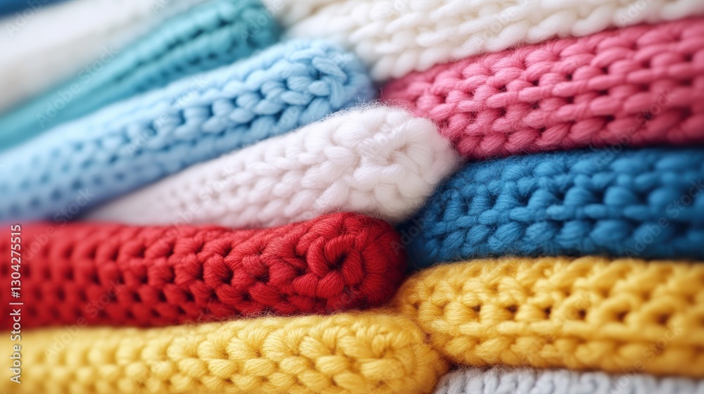 Multicolored knitted clothing layered neatly, highlighting intricate yarn crafting techniques and handmade textile artistry Multicolored knitted clothing layered neatly, highlighting intricate yarn crafting techniques and handmade textile artistry