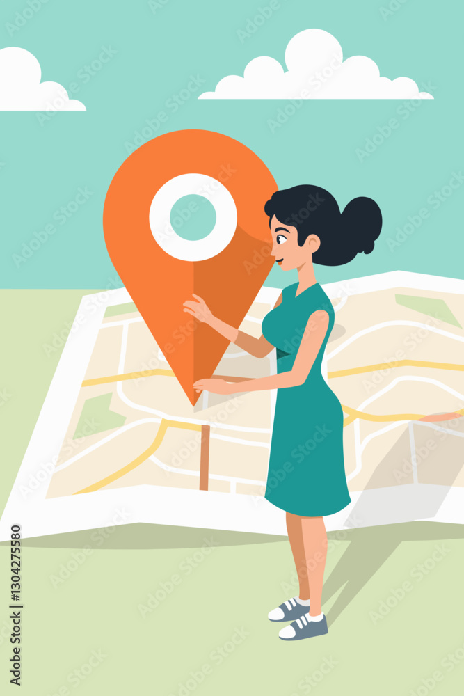 Woman marking a GPS location pin on a map, symbolizing GPS navigation and direction services