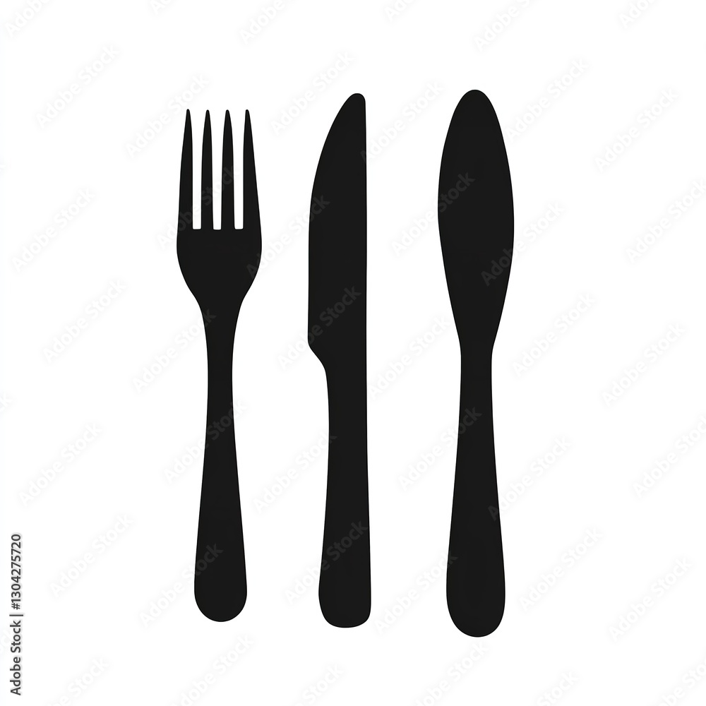 Black Silhouettes of a Fork and Two Knives, Arranged Side-by-Side Against a White Background. Black Silhouettes of a Fork and Two Knives, Arranged Side-by-Side Against a White Background.