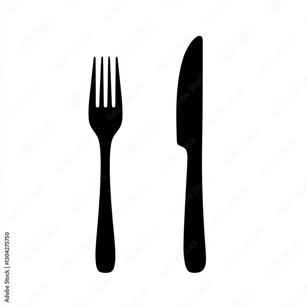 Black Silhouettes of a Fork and Two Knives, Arranged Side-by-Side Against a White Background. Black Silhouettes of a Fork and Two Knives, Arranged Side-by-Side Against a White Background.