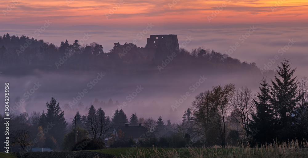 Kamieniec Castle in Korczyna-Odrzykon in Poland during sunset