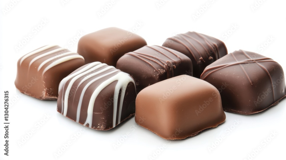 Fototapeta premium Chocolate square candies with white drizzle pattern, neatly aligned on crisp white background, showcasing gourmet confectionery elegance and artistic design