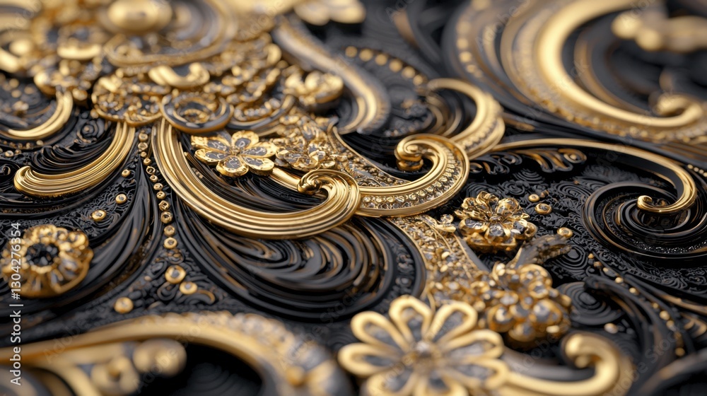 A gold and black design with flowers and swirls A gold and black design with flowers and swirls