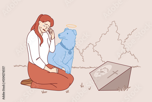 Woman cries over death of beloved dog, sits near gravestone and feels presence of pet soul. Girl is grieving after death of dog, needs support or purchasing new puppy to fill emptiness in soul