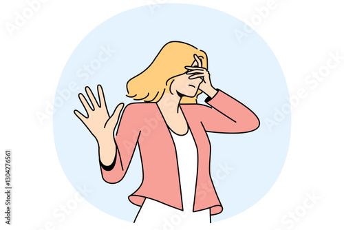 Woman closes eyes and makes stop gesture, expressing dissatisfaction or disagreement with what is happening. Sad girl does not want to see offender and calls to stop, blocking path with hand