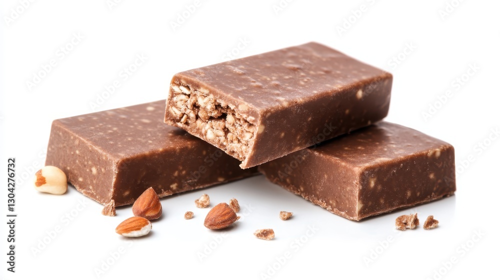 Chocolate covered protein bars scattered near almonds and nuts on clean white surface, showcasing nutritious snacking options for fitness enthusiasts Chocolate covered protein bars scattered near almonds and nuts on clean white surface, showcasing nutritious snacking options for fitness enthusiasts