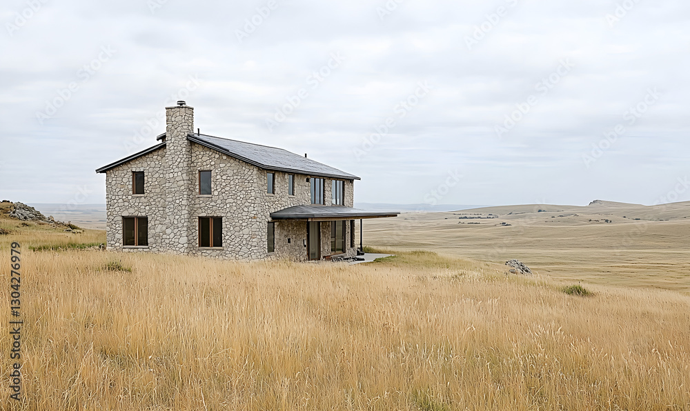 A rustic stone house sits amidst tall grasses, surrounded by a vast, open landscape under a cloudy sky, evoking tranquility and solitude. A rustic stone house sits amidst tall grasses, surrounded by a vast, open landscape under a cloudy sky, evoking tranquility and solitude.